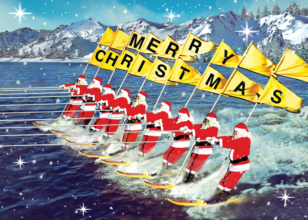 Waterskiing Santas Christmas Greeting Card by Max Hernn - Click Image to Close